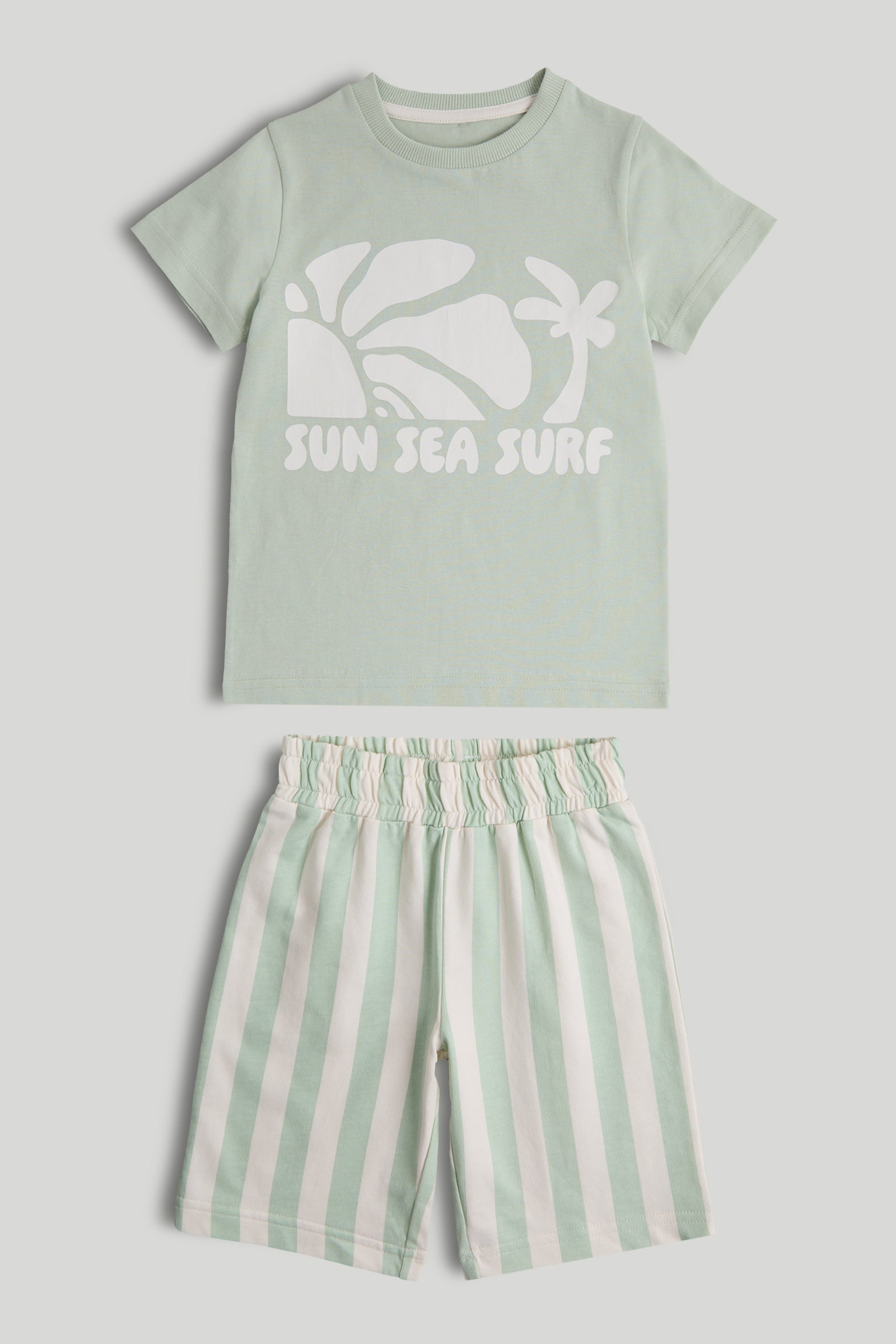 Boys Green Cotton T-Shirt & Stripe Shorts Set