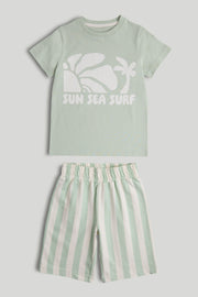 Boys Green Cotton T-Shirt & Stripe Shorts Set