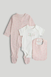 Girls Cotton 3 Piece Set with Printed Bodysuit & Bib