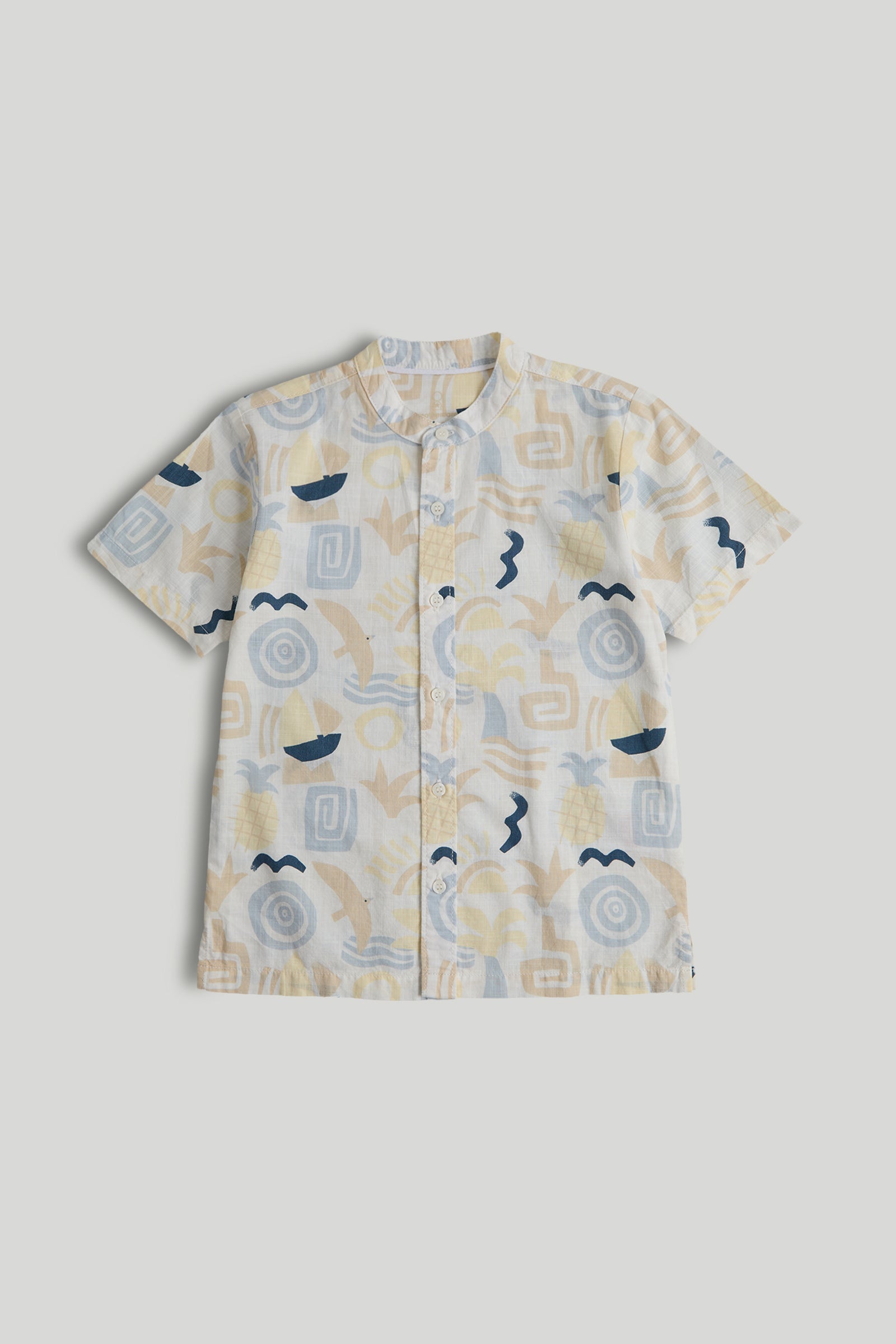 Boys Printed Cotton Grandad Collar Shirt in Multi