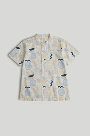 Boys Printed Cotton Grandad Collar Shirt in Multi
