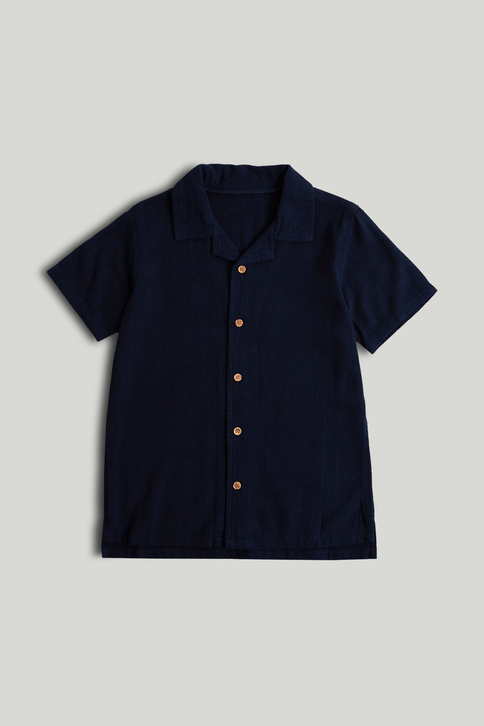 Boys Textured Viscose Linen Short Sleeve Shirt in Navy