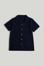 Boys Textured Viscose Linen Short Sleeve Shirt in Navy