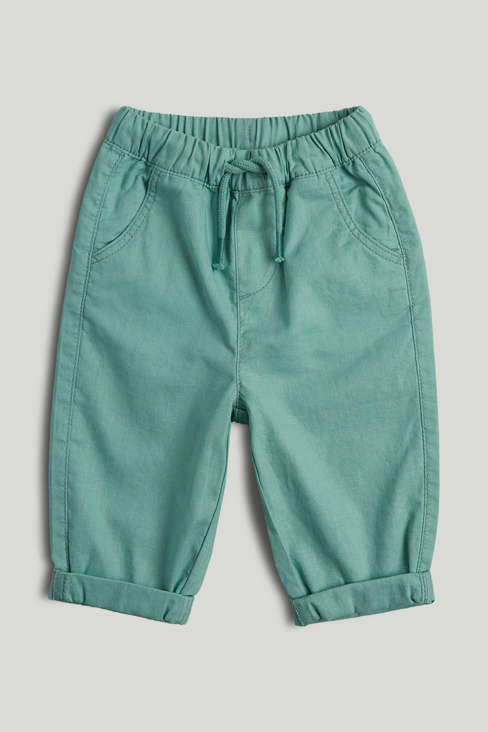 Boys Dark Green Linen Cotton Regular Fit Casual Trousers