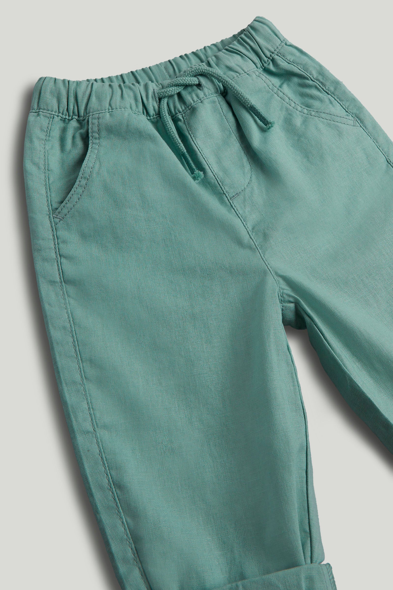 Boys Dark Green Linen Cotton Regular Fit Casual Trousers
