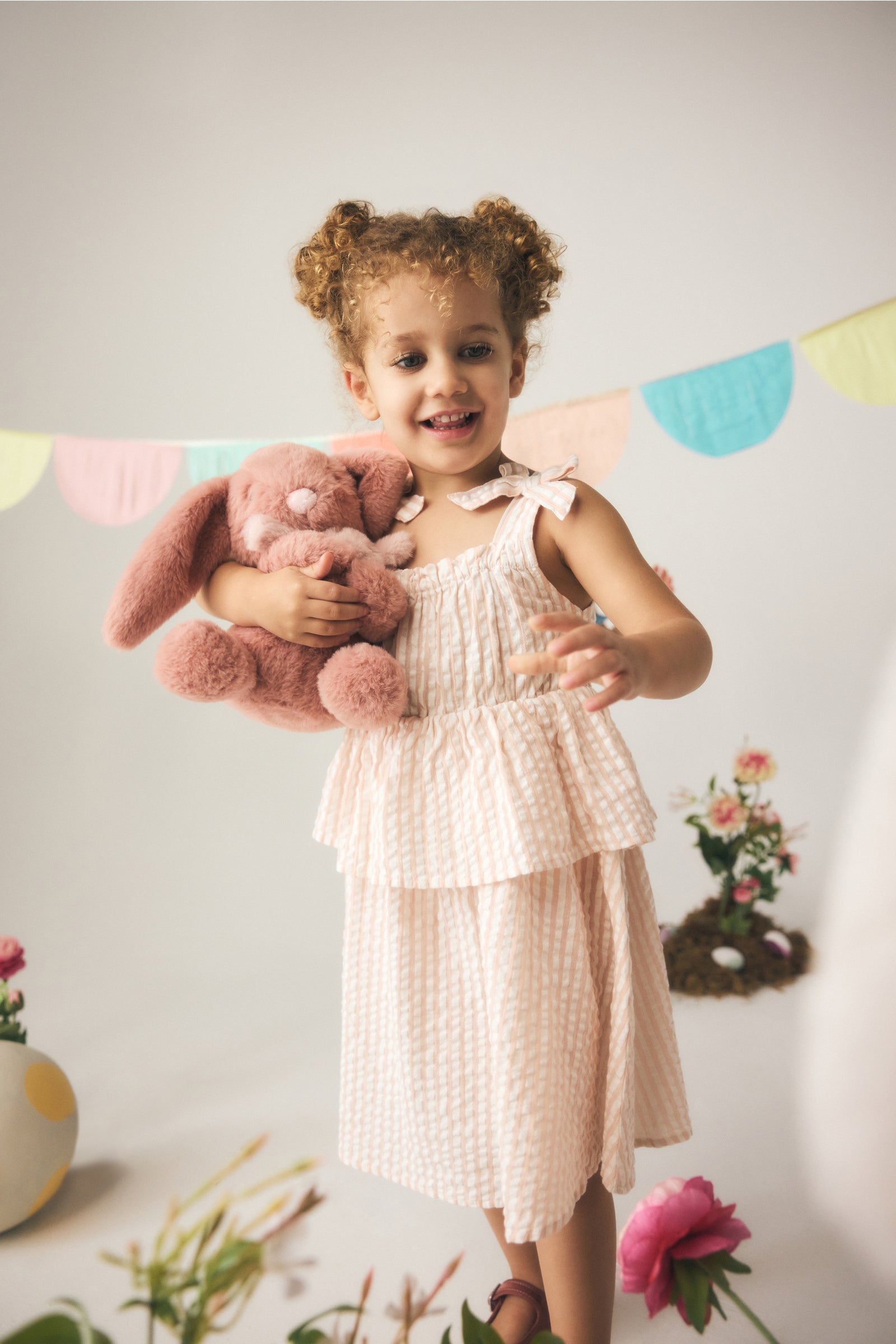 Girls Pink Striped Cotton Sleeveless Square Neck Dress