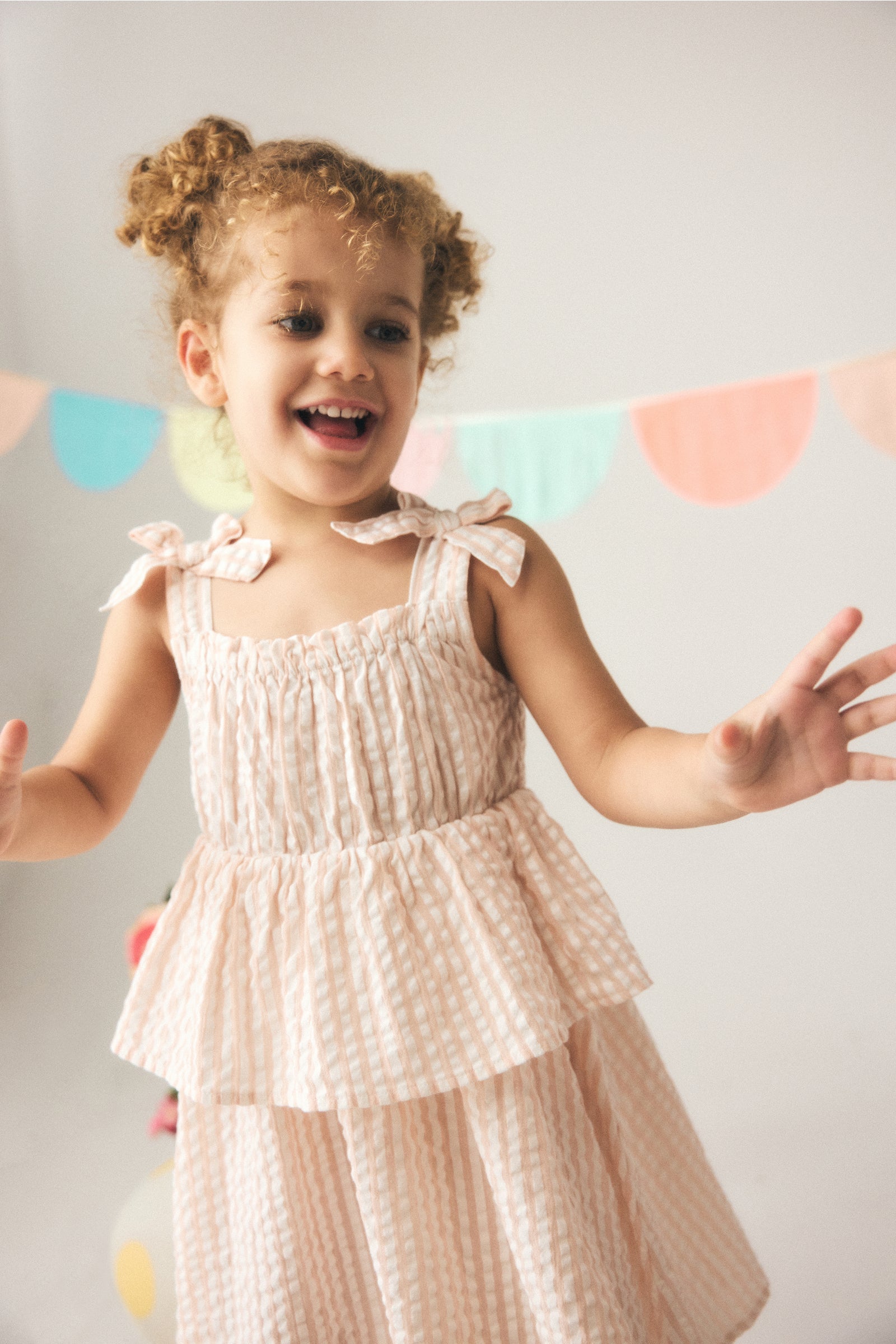 Girls Pink Striped Cotton Sleeveless Square Neck Dress