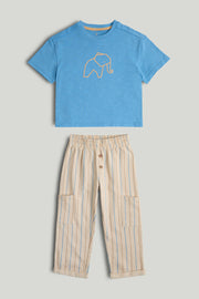 Boys Multi Stripe Cotton T-Shirt & Textured Jersey Pants Set
