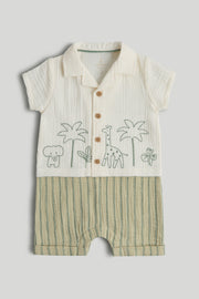 Baby Boys Multi Cotton Embroidered Mock Romper