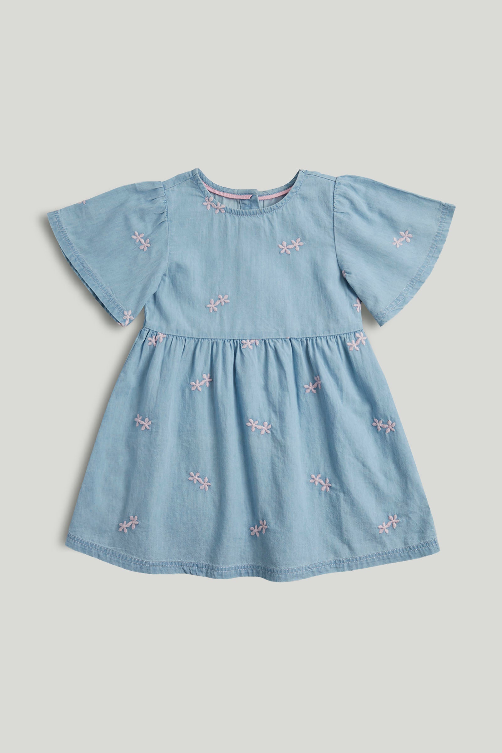 Girls Blue Cotton Chambray Floral Dress