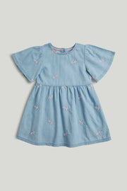 Girls Blue Cotton Chambray Floral Dress