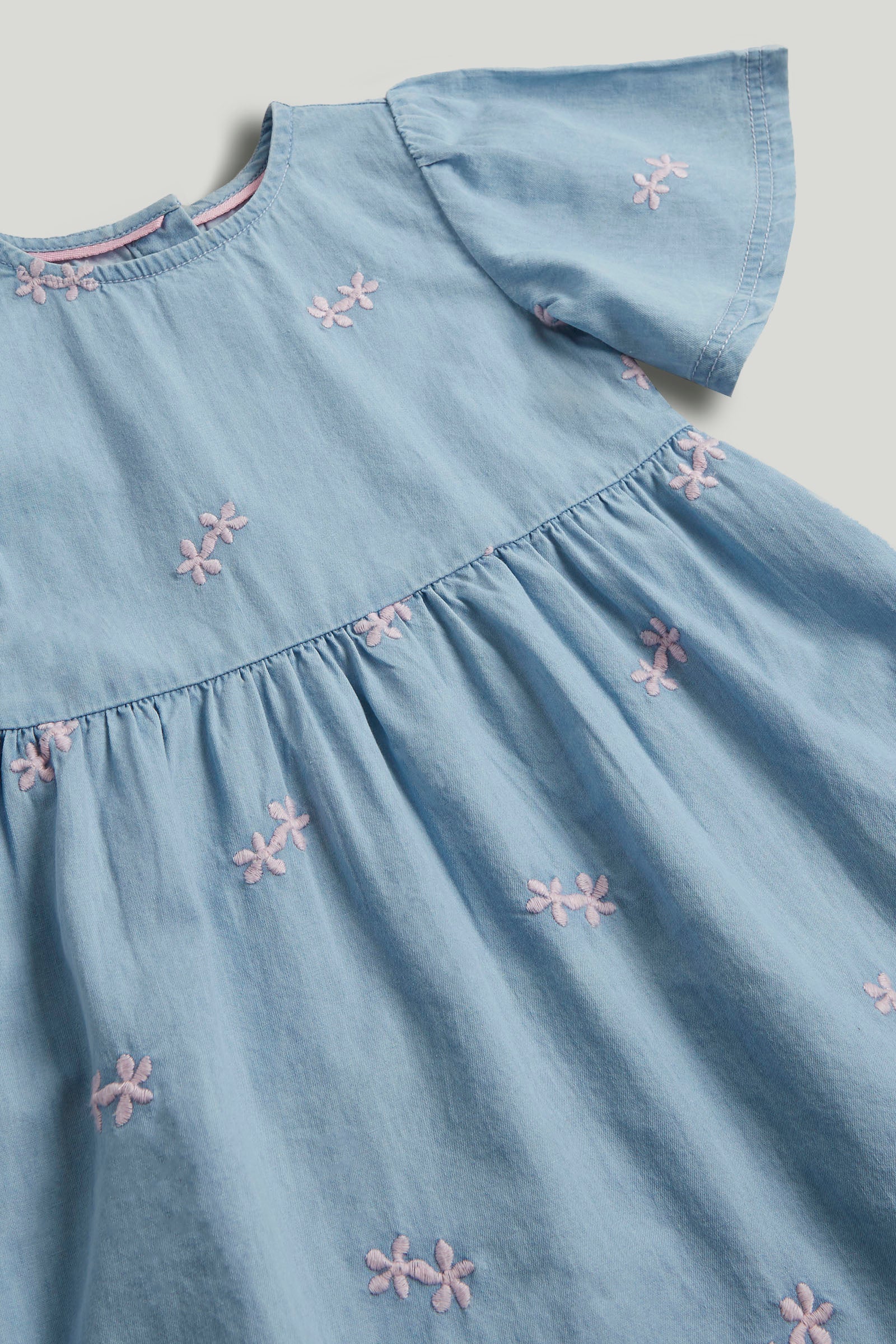 Girls Blue Cotton Chambray Floral Dress