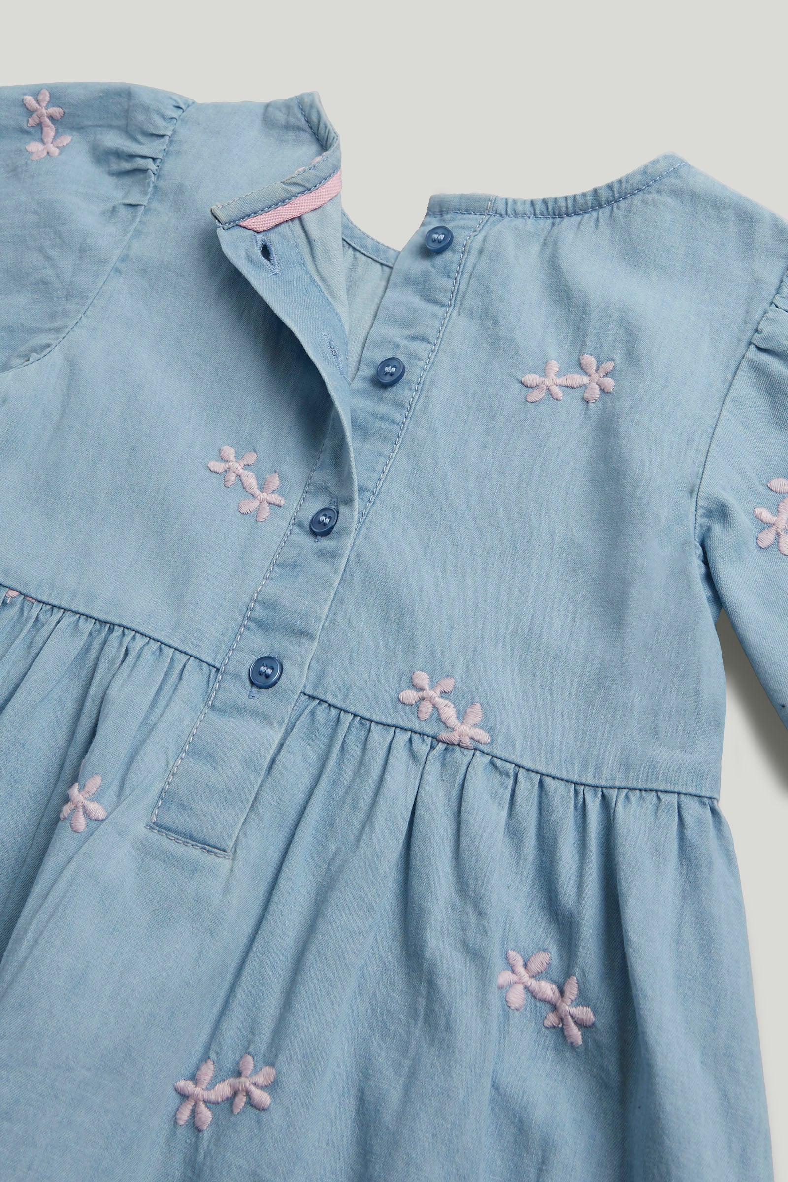 Girls Blue Cotton Chambray Floral Dress