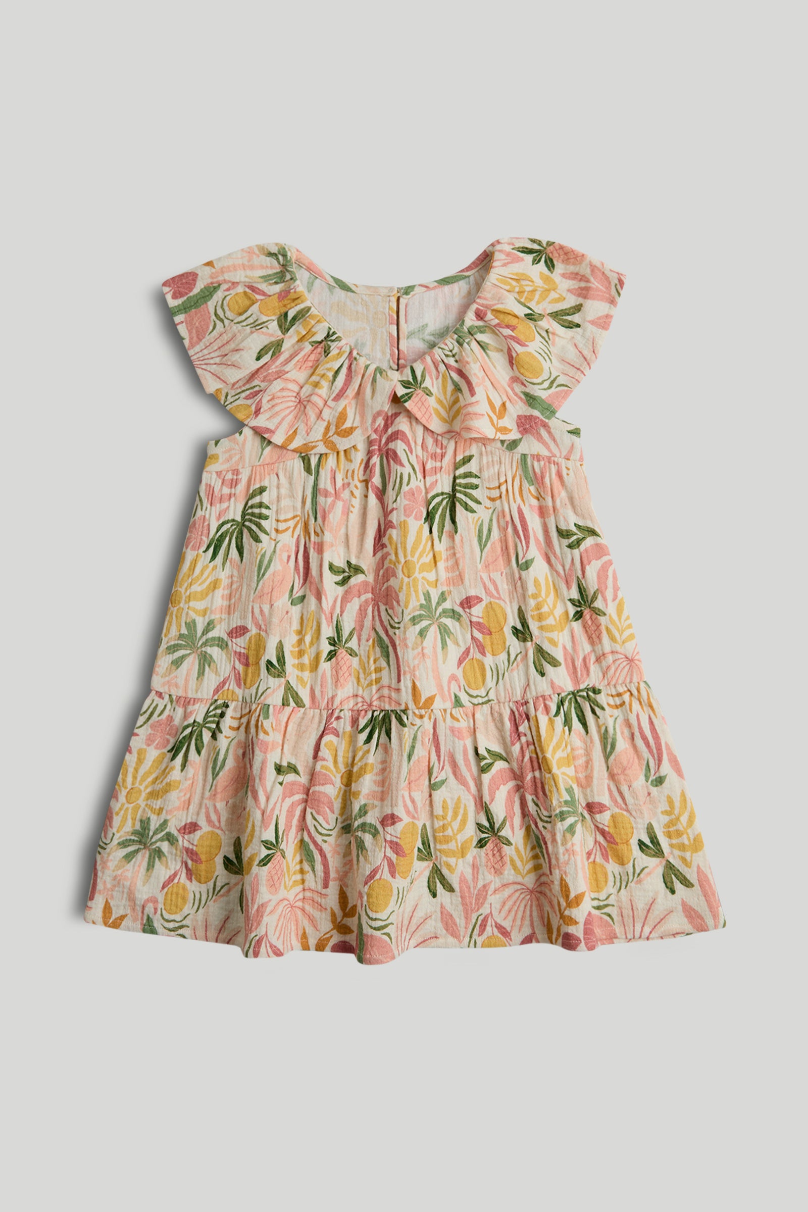 Girls Printed Cotton Frill Front Dress with V Neck