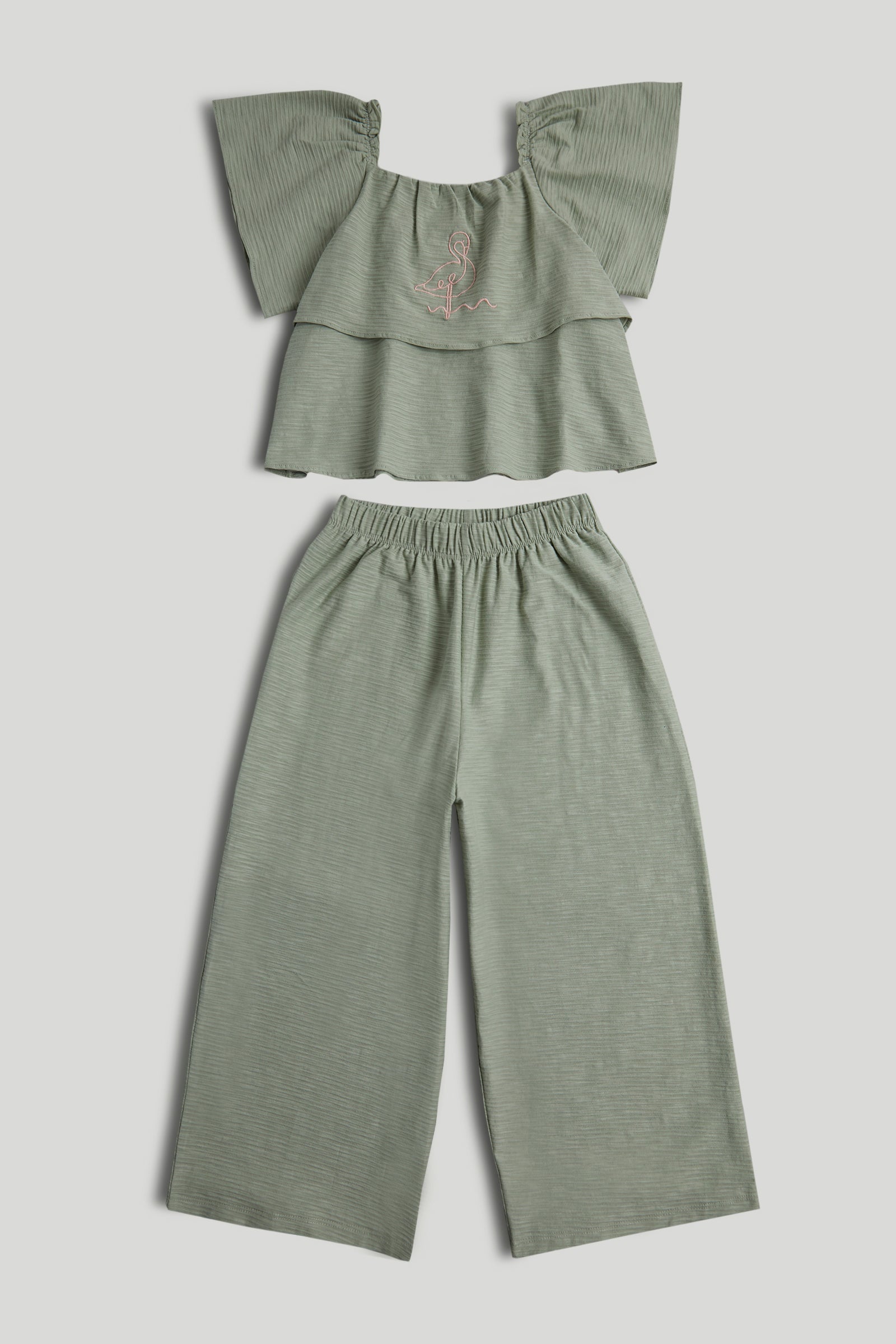 Girls Cotton Blend Embroidered Top & Trouser Set in Green