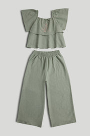 Girls Cotton Blend Embroidered Top & Trouser Set in Green
