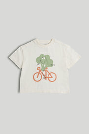 Boys White Broccoli Print Cotton Regular Fit Casual T-Shirt