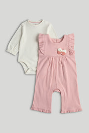 Girls Print & Plain Mix Dungaree Set Light Pink Pack of 2