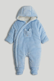 Baby Boys Blue Fluffy Applique & Embroidered Pramsuit