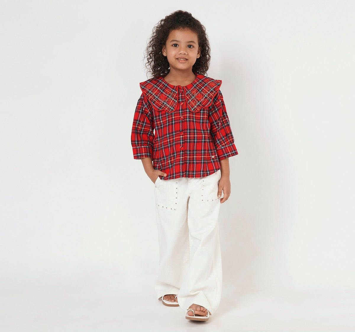 Check Plaid Top with Embroidery Collar Red