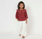 Check Plaid Top with Embroidery Collar Red