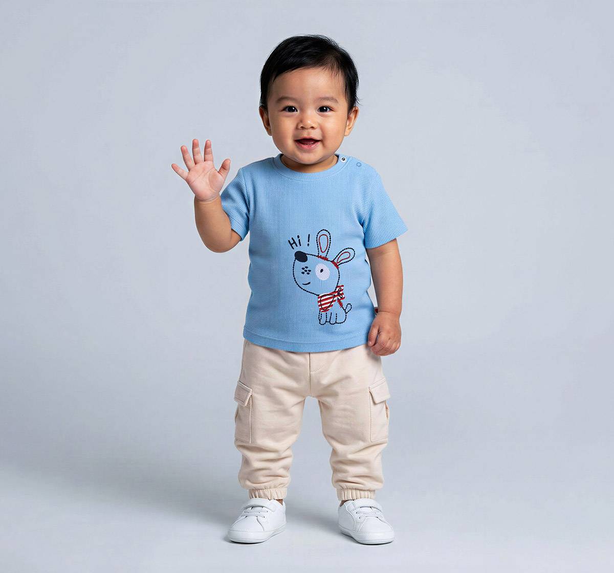 Waffle Tee with Dog Embroidery Blue