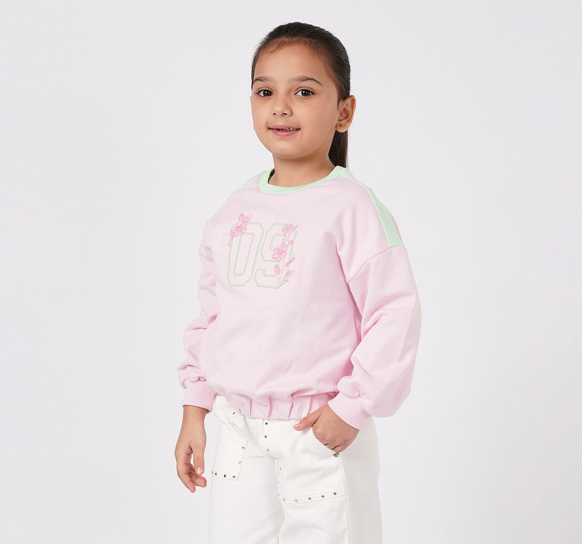 Girls Light Pink Floral 09 Graphic Balloon Hem Sweatshirt