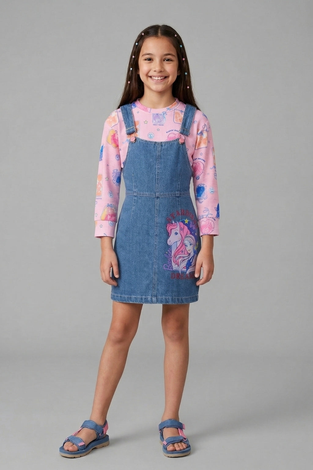 Girls Cotton Denim Dungaree with Printed Inner T-Shirt
