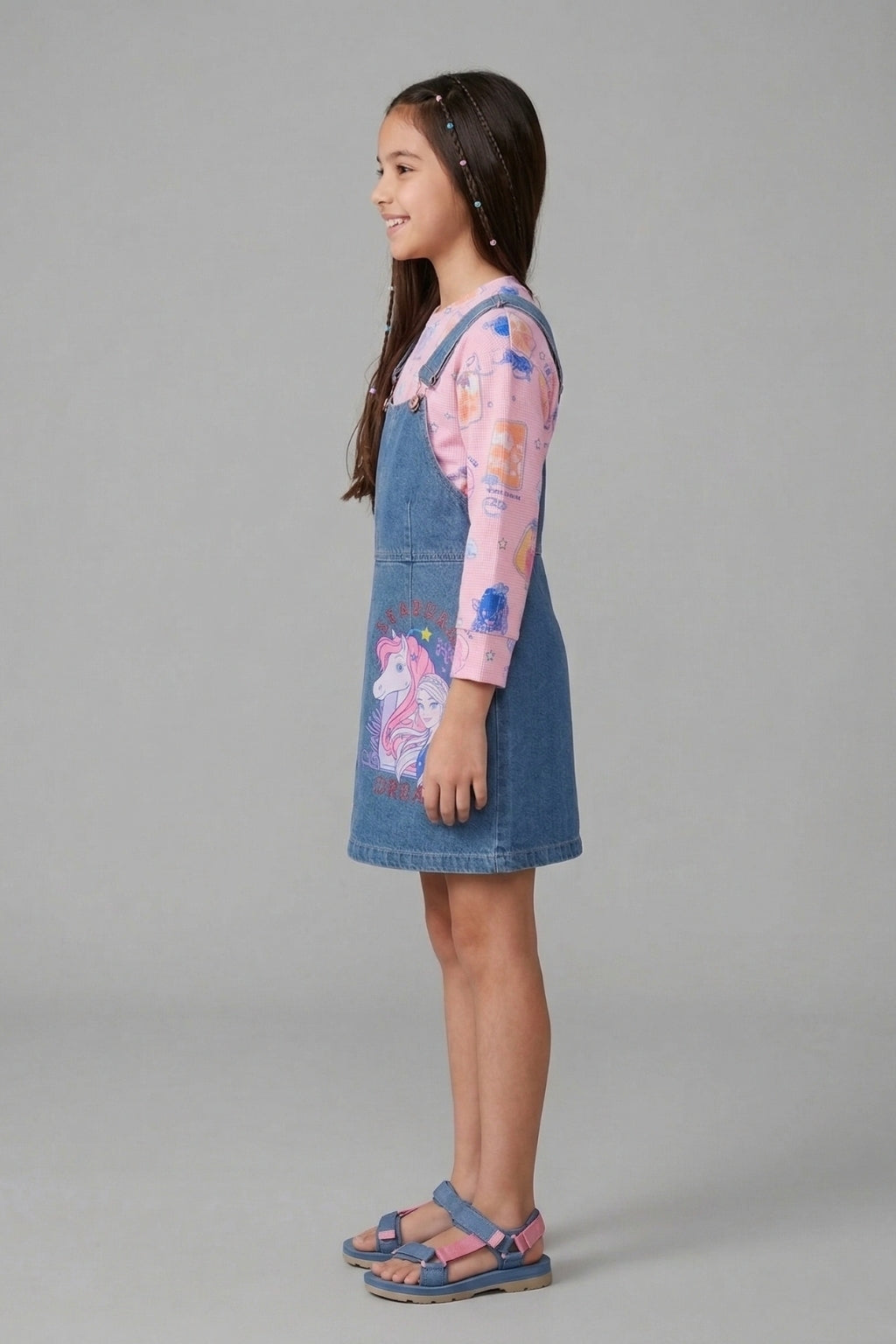 Girls Cotton Denim Dungaree with Printed Inner T-Shirt