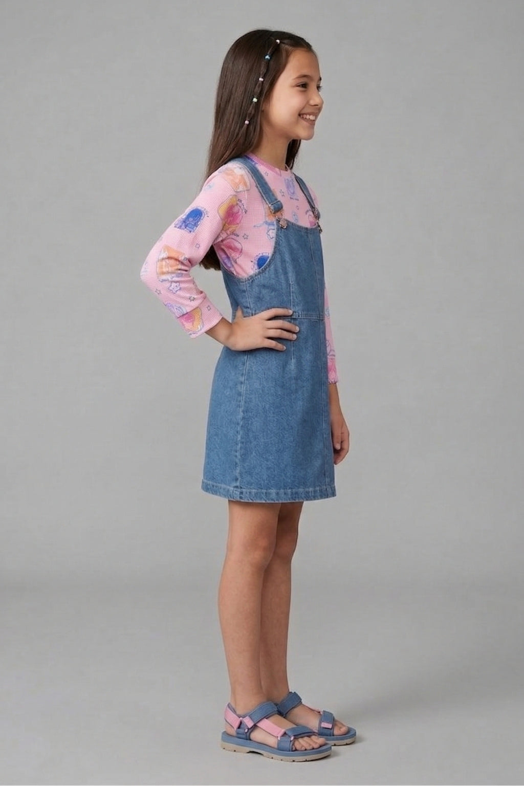 Girls Cotton Denim Dungaree with Printed Inner T-Shirt