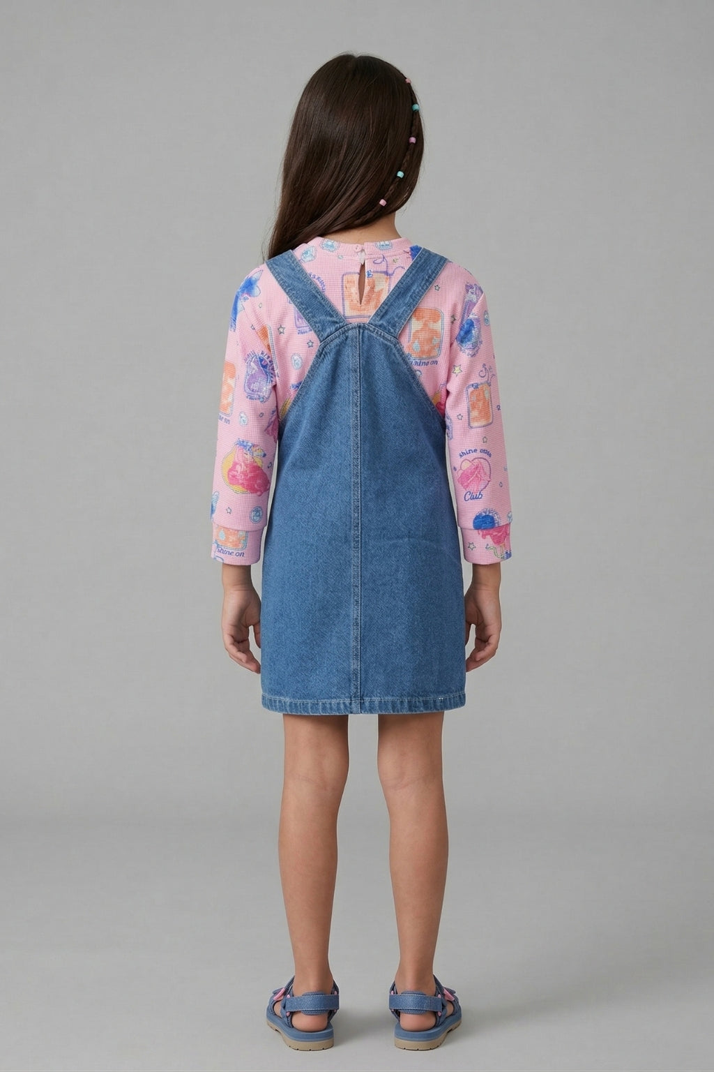 Girls Cotton Denim Dungaree with Printed Inner T-Shirt