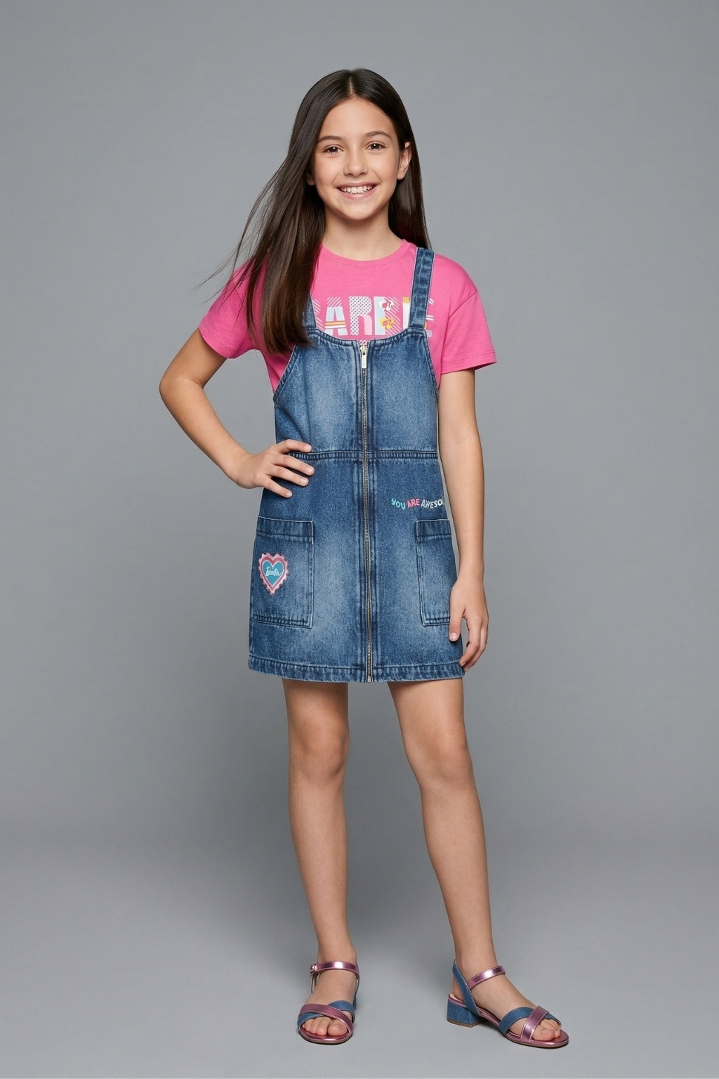 Girls Dark Blue Embroidered Denim Dungaree