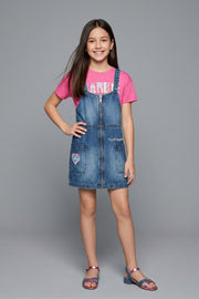 Girls Dark Blue Embroidered Denim Dungaree