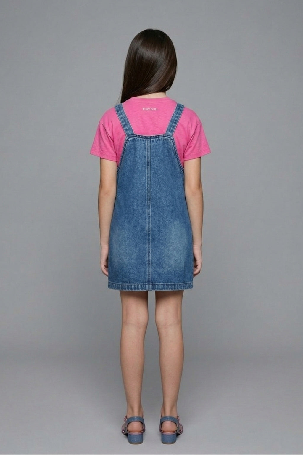 Girls Dark Blue Embroidered Denim Dungaree