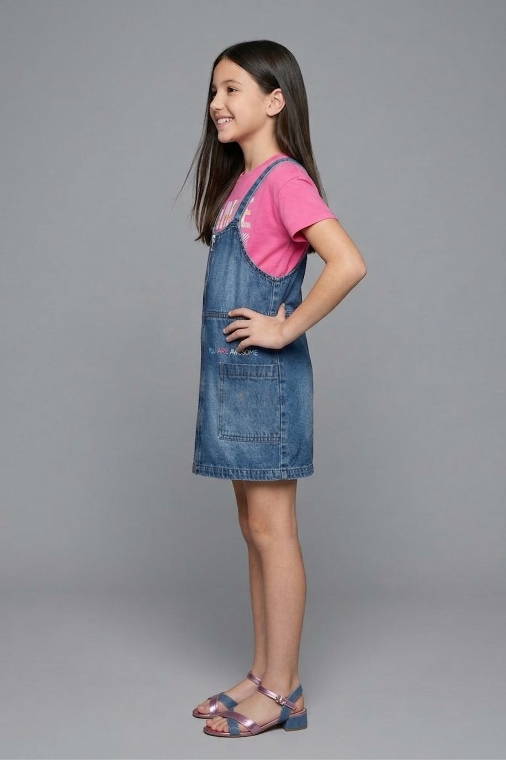 Girls Dark Blue Embroidered Denim Dungaree