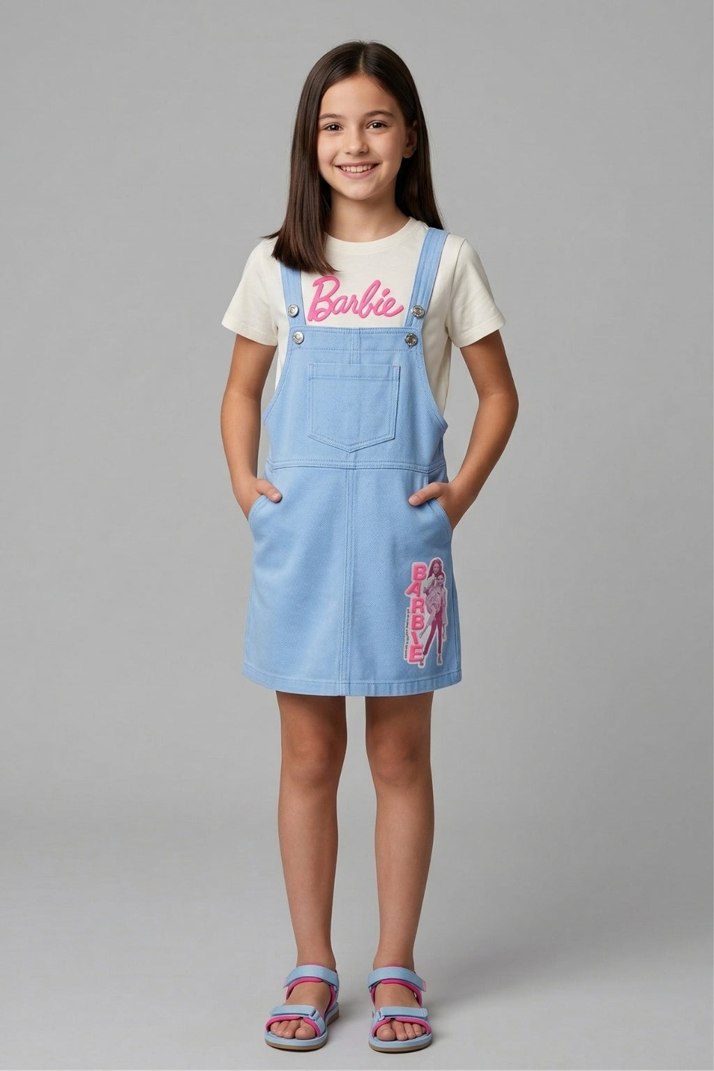 Girls Sky Blue Graphic Print Dungaree Set