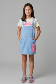 Girls Sky Blue Graphic Print Dungaree Set
