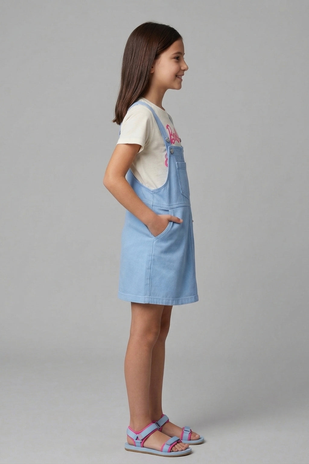 Girls Sky Blue Graphic Print Dungaree Set