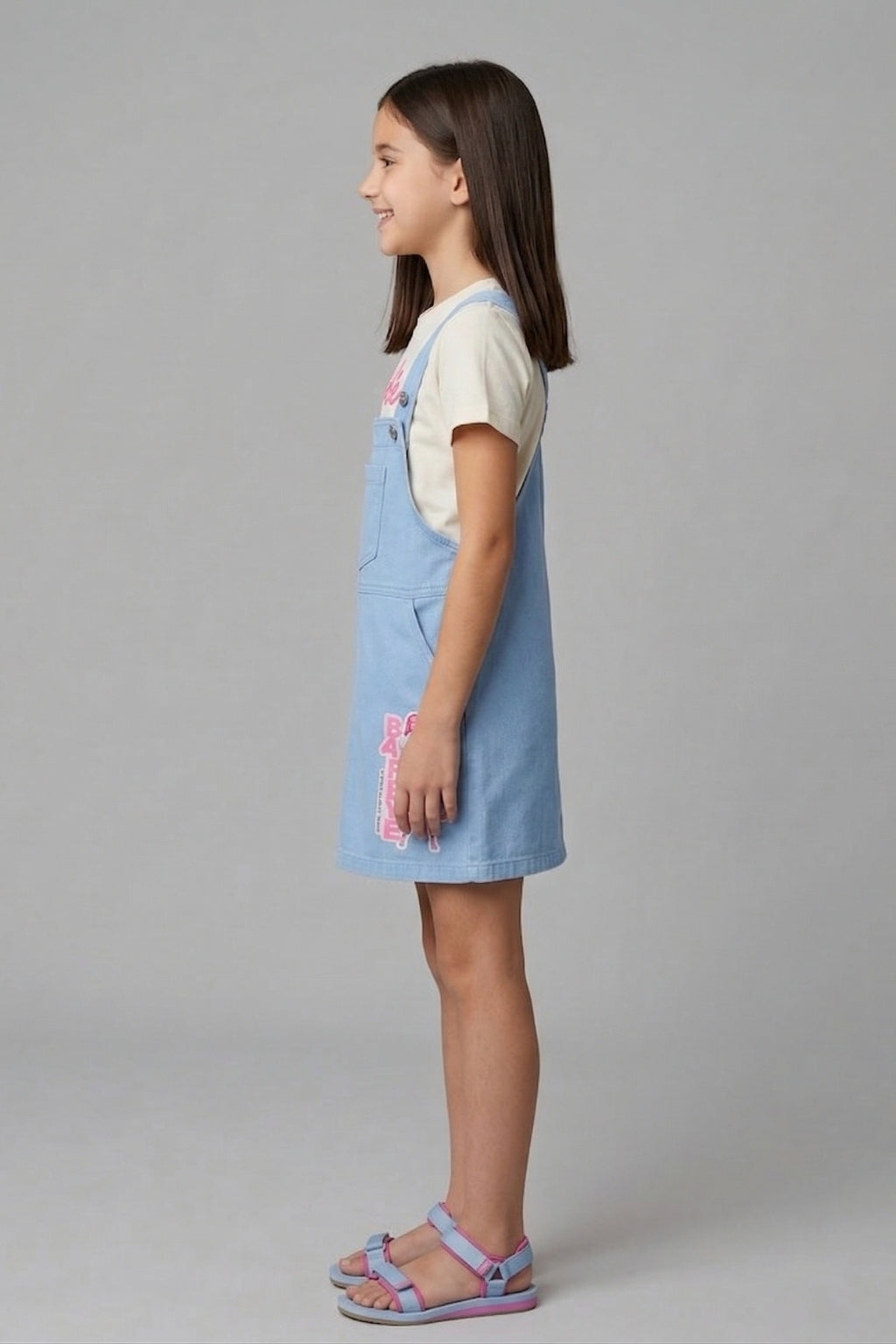 Girls Sky Blue Graphic Print Dungaree Set