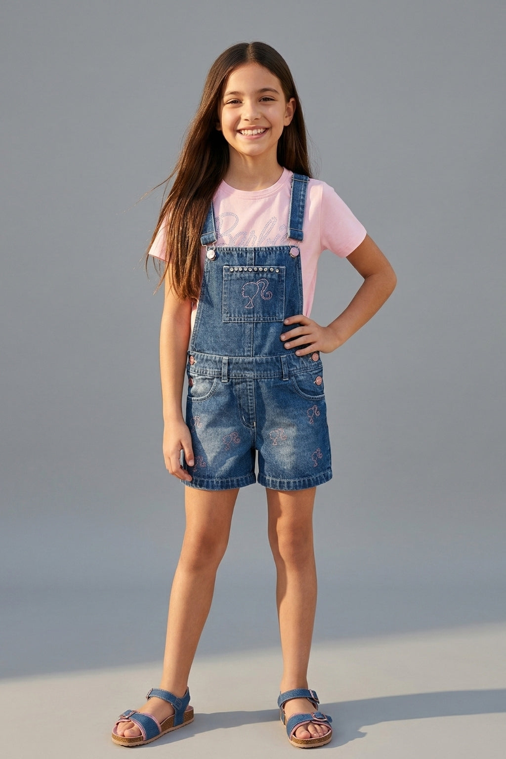 Girls Dark Blue Stud Embellished Denim Dungaree