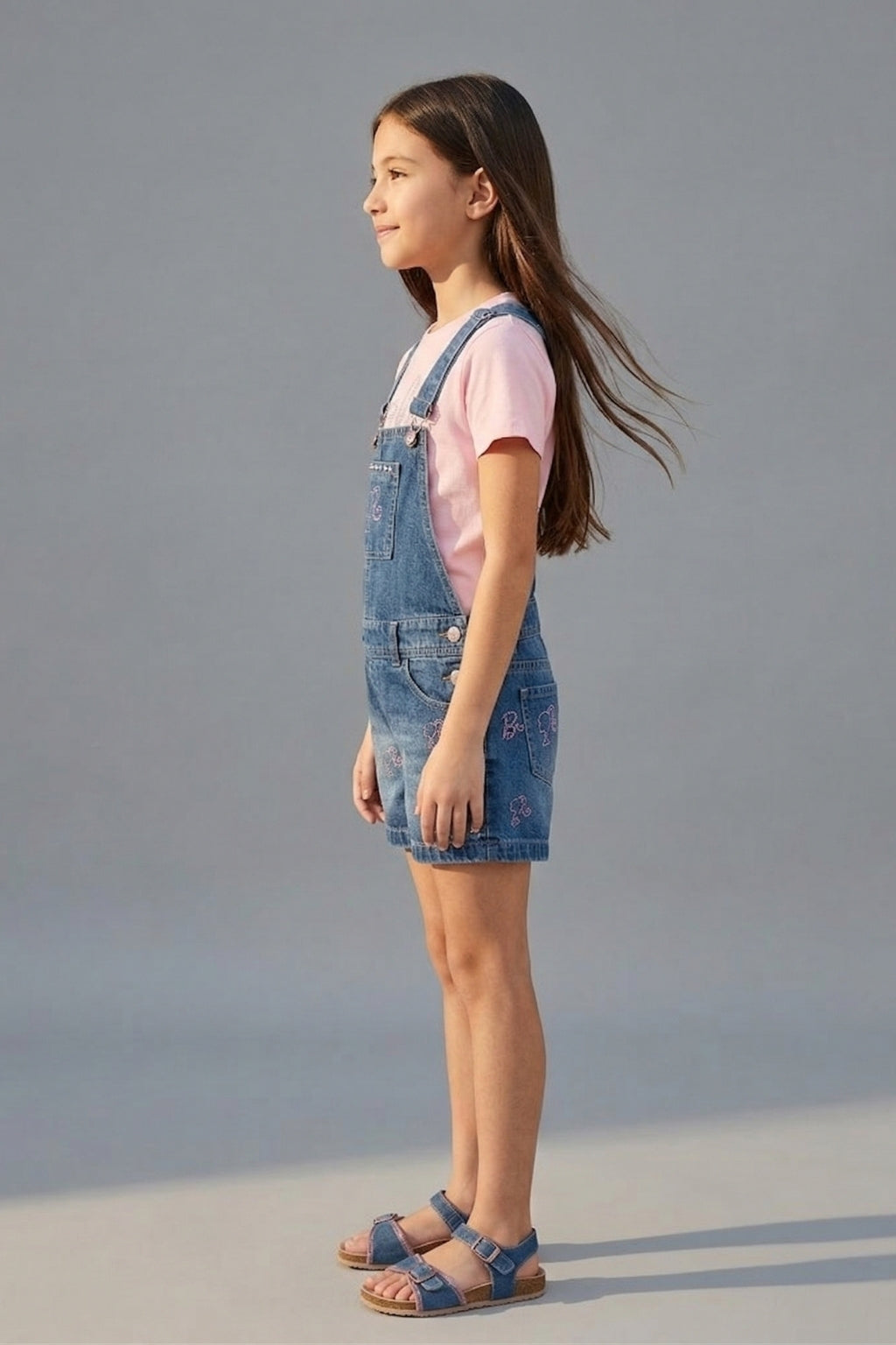 Girls Dark Blue Stud Embellished Denim Dungaree