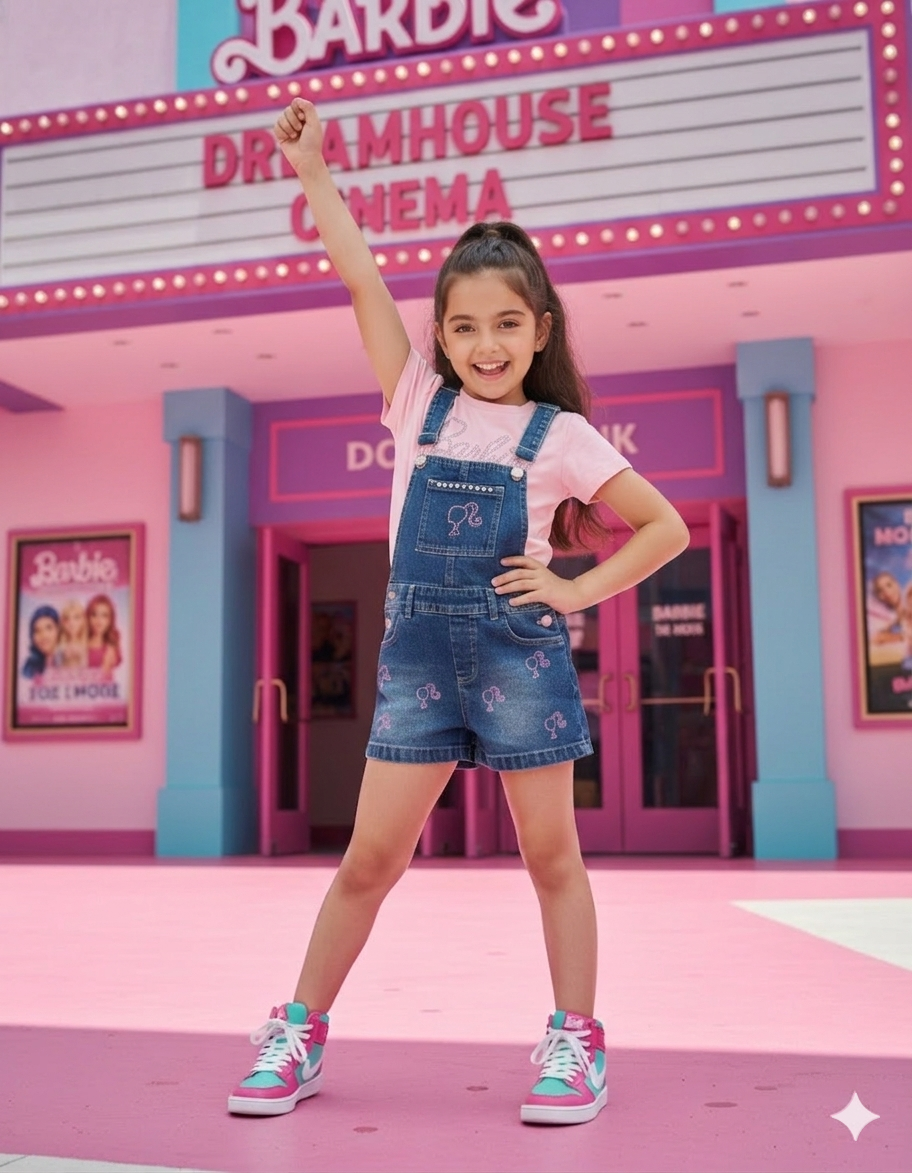 Girls Dark Blue Stud Embellished Denim Dungaree