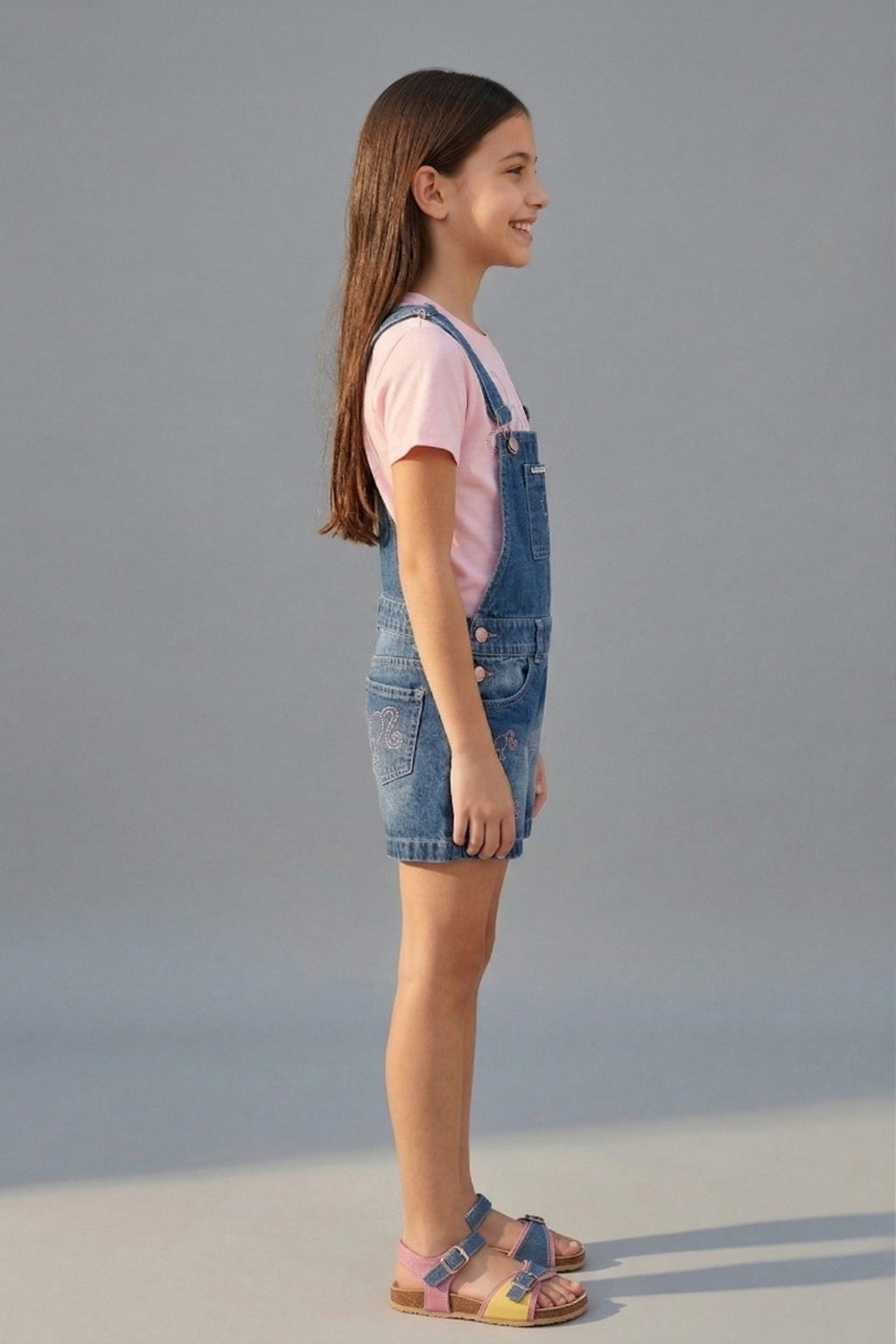 Girls Dark Blue Stud Embellished Denim Dungaree