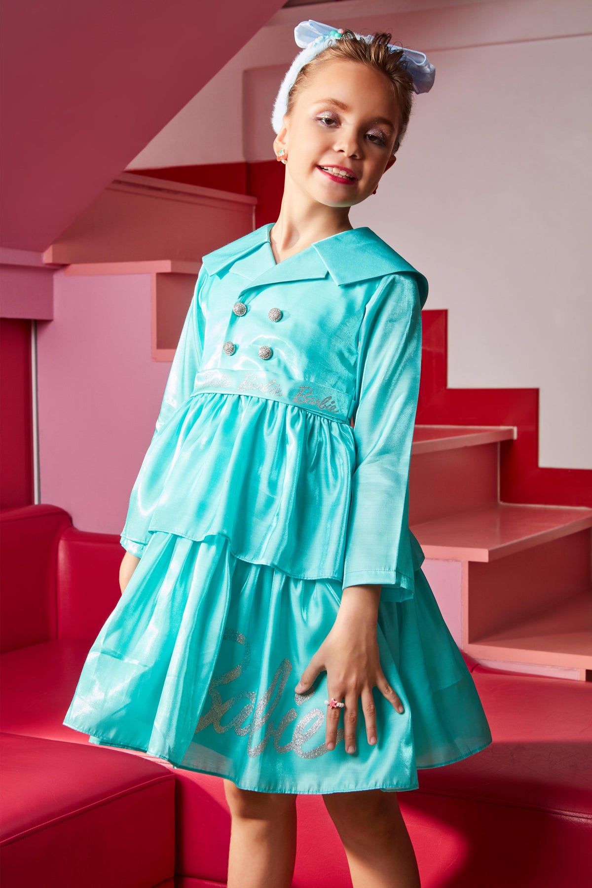 Barbie Aqua Satin Layered Peplum Party Dress