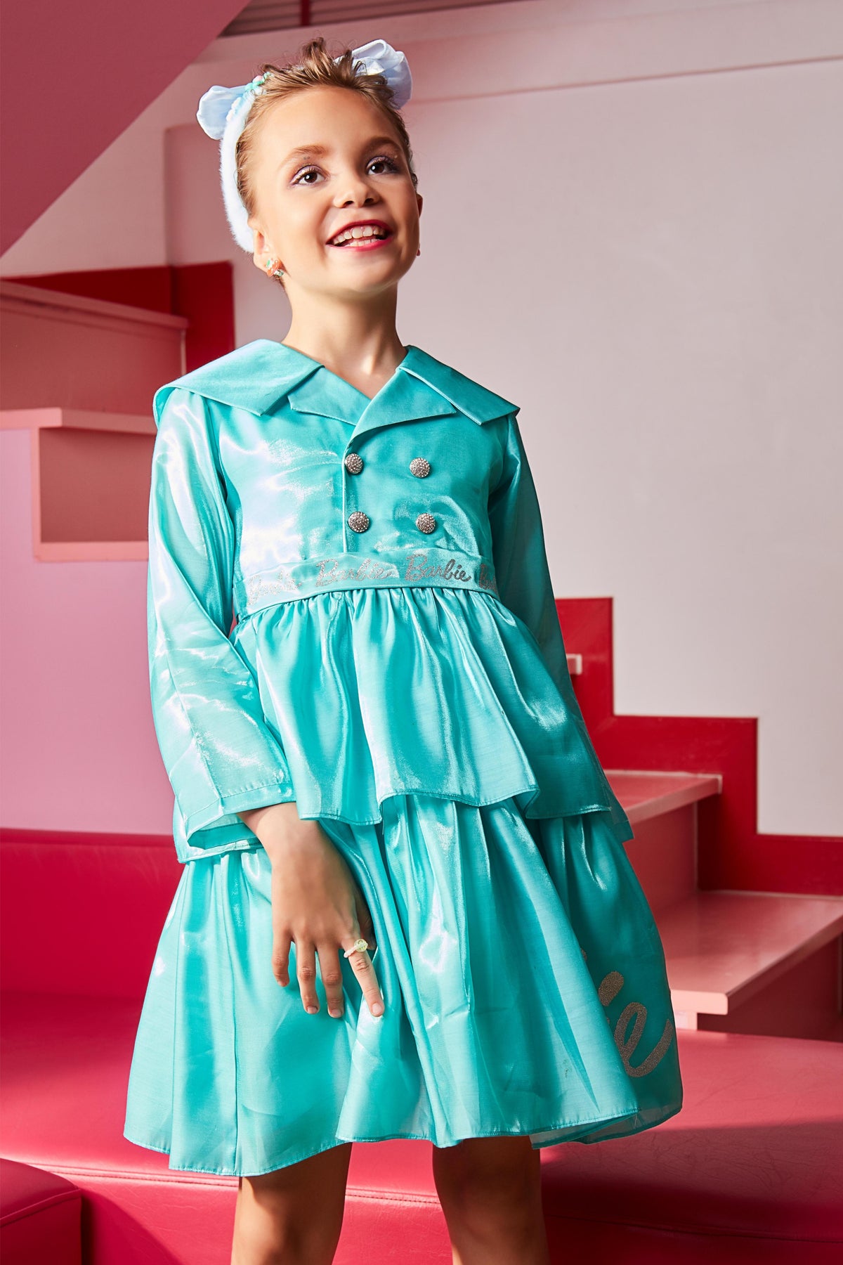 Barbie Aqua Satin Layered Peplum Party Dress
