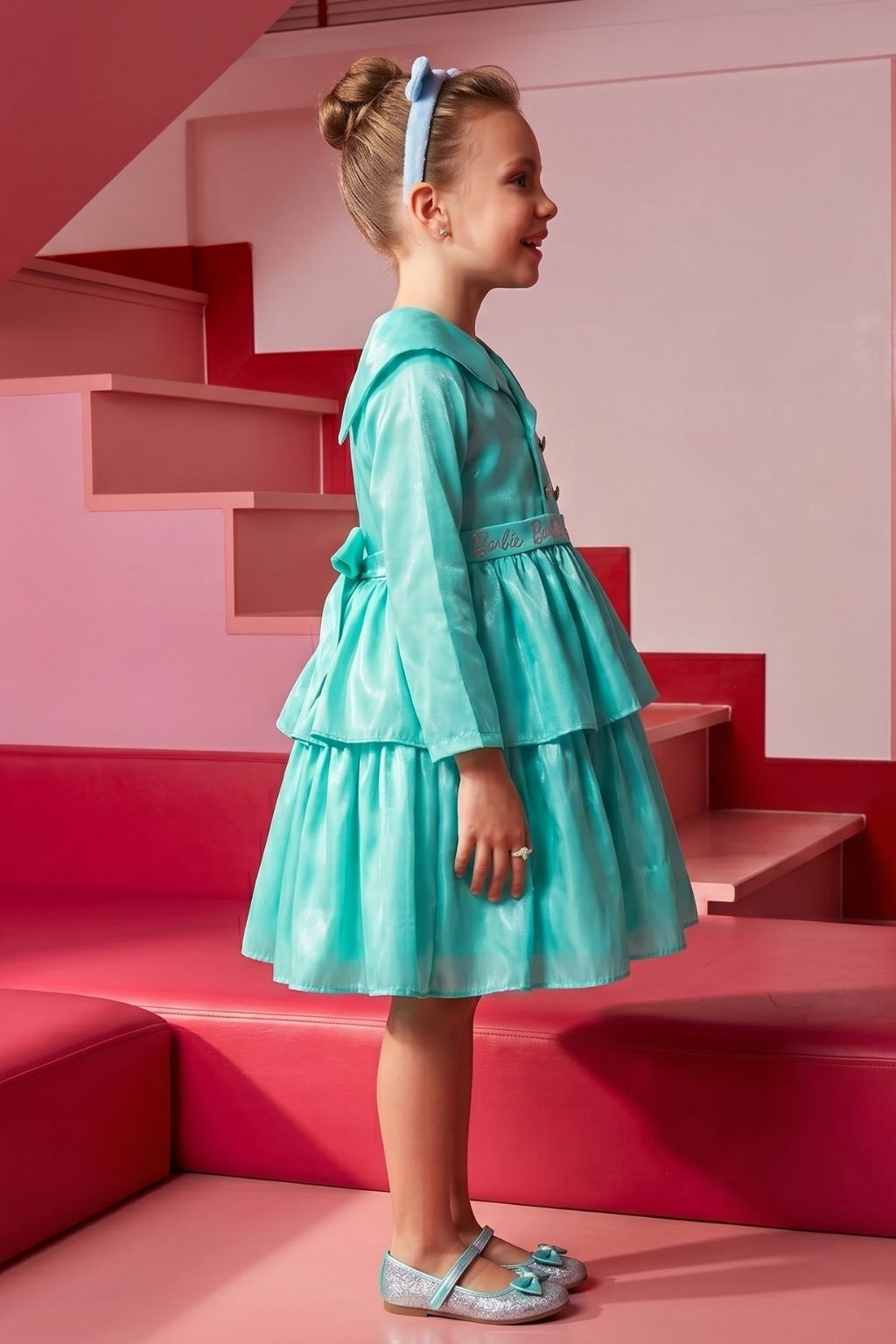 Barbie Aqua Satin Layered Peplum Party Dress
