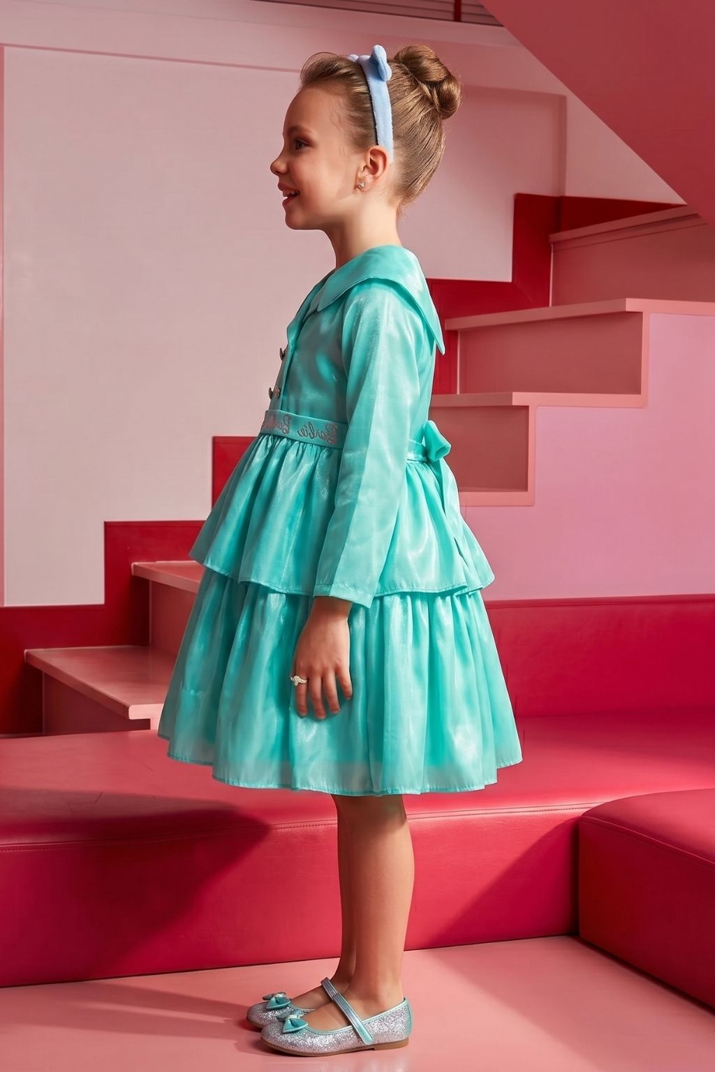 Barbie Aqua Satin Layered Peplum Party Dress