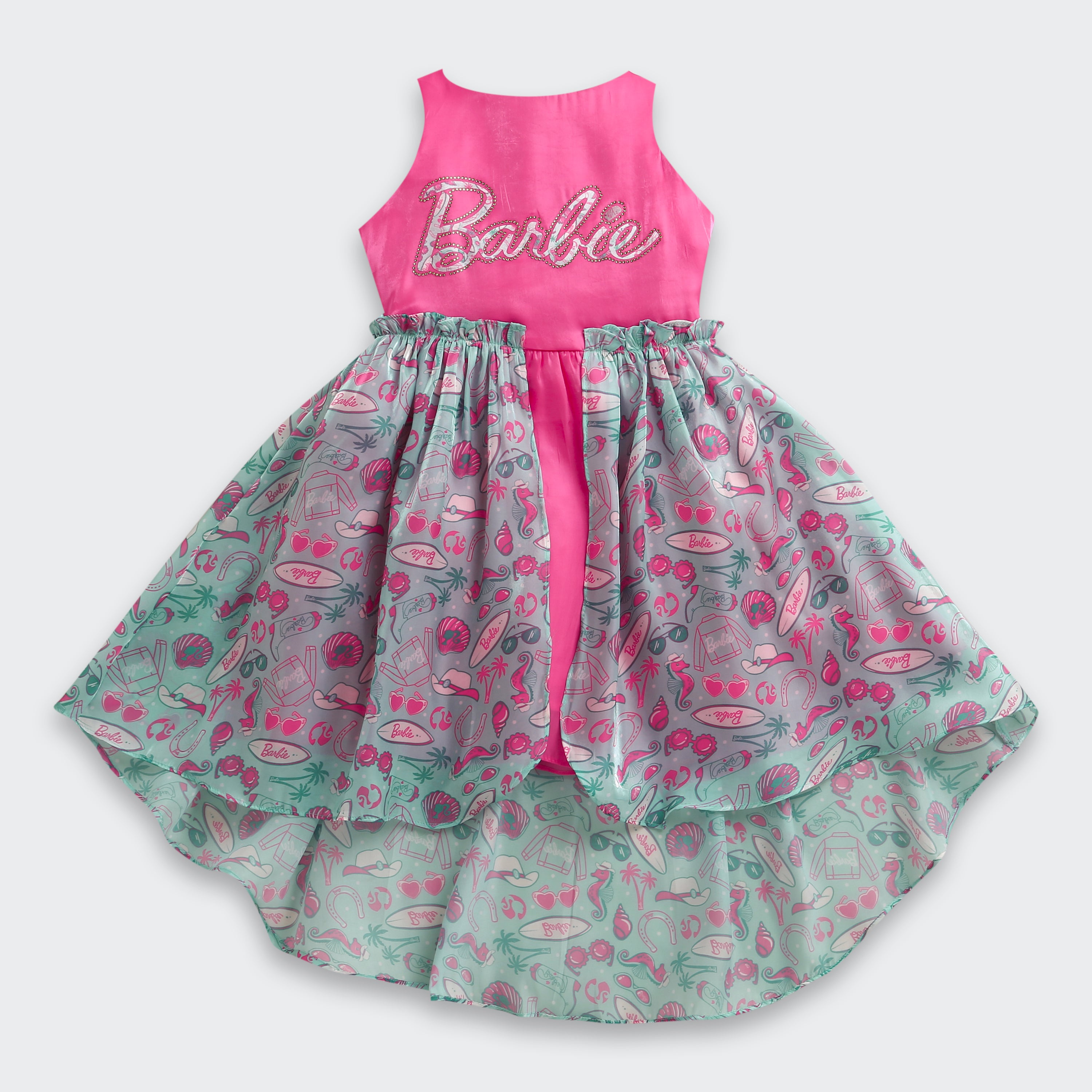 Girls Hot Pink Barbie Printed Tailcut Frock