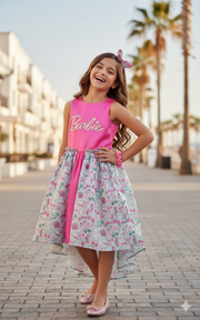 Girls Hot Pink Barbie Printed Tailcut Frock