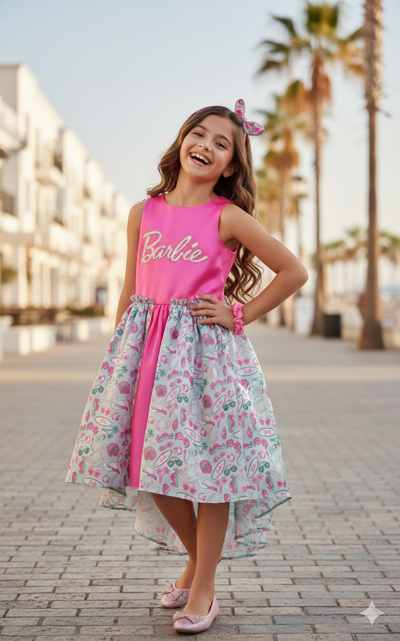 Girls Hot Pink Barbie Printed Tailcut Frock